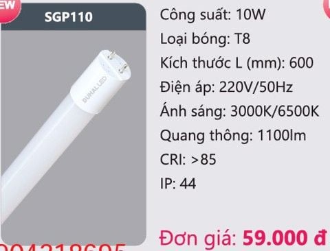  BÓNG ĐÈN TUÝP LED GLASS PC DUHAL SGP110 ( 6 TẤC / 10W ) 