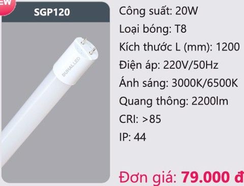 BÓNG ĐÈN TUÝP LED GLASS PC DUHAL SGP120 ( 1M2 / 20W ) 