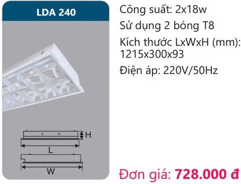  MÁNG ĐÈN ÂM TRẦN CHÓA PHẢN QUANG 300x1200 (30x120) 2 BÓNG ĐÈN 1M2 2X18W DUHAL LDA 240 