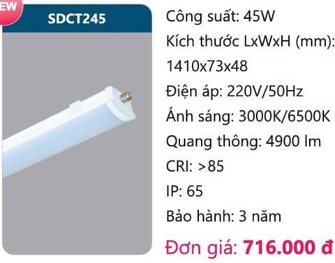  MÁNG ĐÈN LED CHỐNG THẤM CÔNG NGHIỆP DUHAL SDCT245 / 45W 