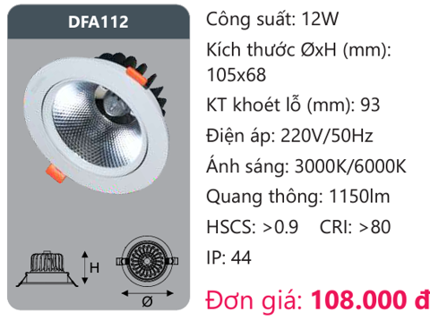  ĐÈN LED DOWLIGHT ÂM TRẦN DUHAL 12W DFA112 / DFA 112 