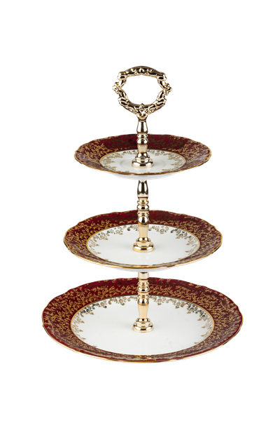  Đĩa ba tầng sứ Tiệp đỏ dây vàng 