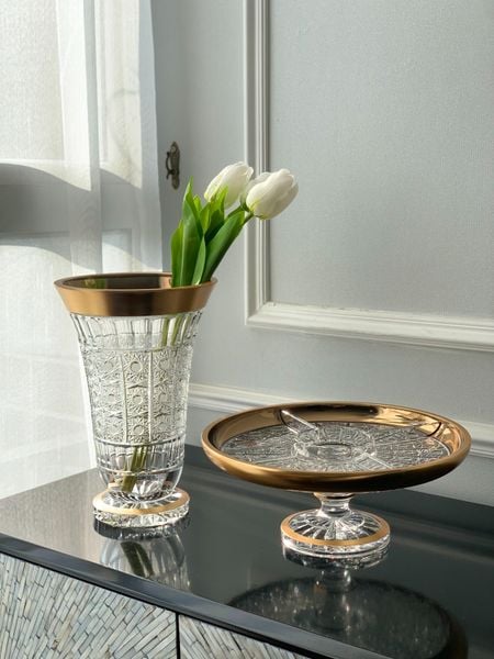  Chân bồng đĩa 5 ngăn pha lê khảm vàng Arcade 30.5cm 