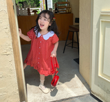  DR174 -  Váy đỏ chấm bi có tay 