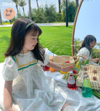  DR185 - Váy trắng hoa nhí xanh 