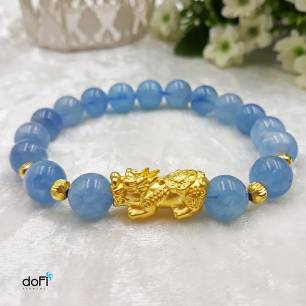  Vòng đá Aquamarine phối Tỳ Hưu Vàng 24k 