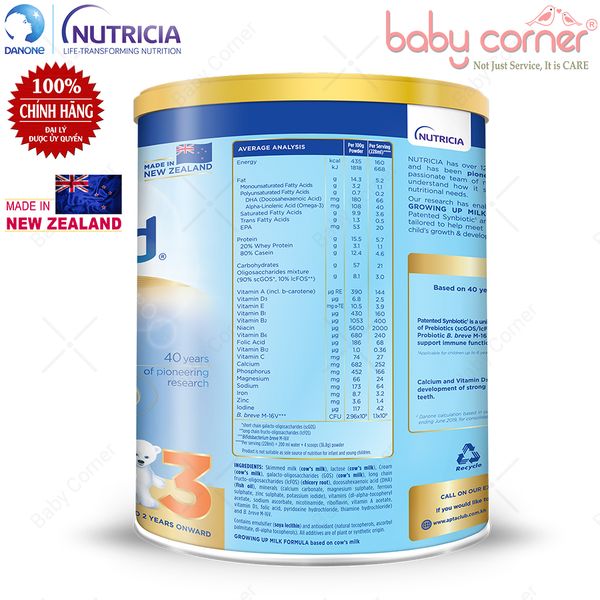 Sữa Bột Aptakid New Zealand Growing Up Milk Formula Số 3, 900g, bé trên 2 tuổi