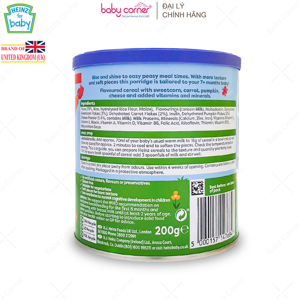  Bột Ăn Dặm (Cháo) HEINZ Ngũ Cốc, Bí Đỏ, Cà Rốt, Bắp Ngọt & Phô Mai 200g, Cho Bé Từ 7 Tháng Tuổi 