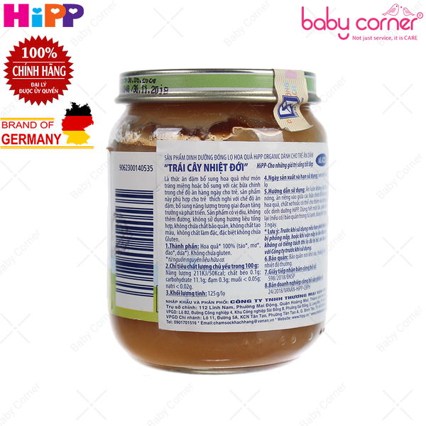  Dinh Dưỡng Đóng Lọ HIPP Organic Trái Cây Nhiệt Đới (Bé Từ 4 Tháng Tuổi), 125g 