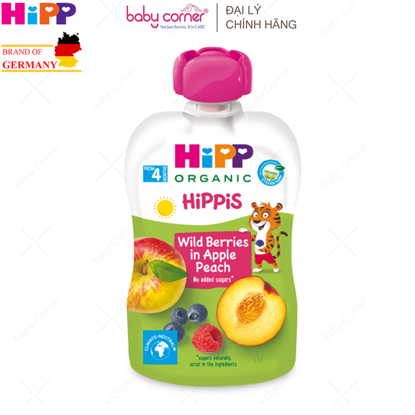  Dinh Dưỡng Trái Cây Nghiền Hữu Cơ HiPPiS Organic (Dâu Rừng, Táo, Đào), Cho Bé Từ 4 Tháng Tuổi, 100g 