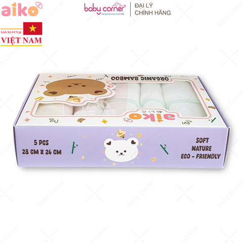  Khăn Sữa Sợi Tre 4 Lớp AIKO, 28X26CM (5 Cái/Hộp) 