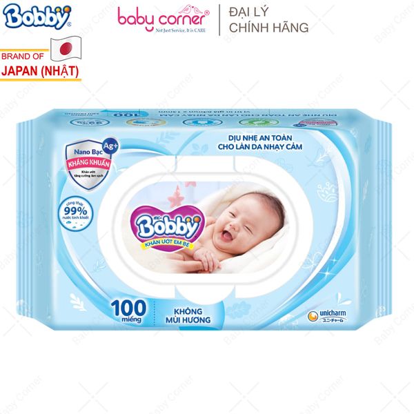  Khăn Ướt Trẻ Em Bobby 99% Tinh Khiết Không Hương (100 miếng) 