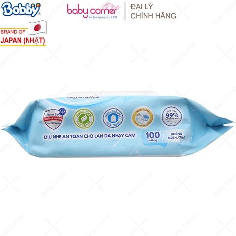  Khăn Ướt Trẻ Em Bobby 99% Tinh Khiết Không Hương (100 miếng) 