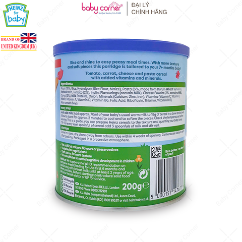  Bột Ăn Dặm (Cháo) HEINZ Mỳ Ý, Rau Củ & Phô Mai, 200g, Cho Bé Từ 7 Tháng Tuổi 