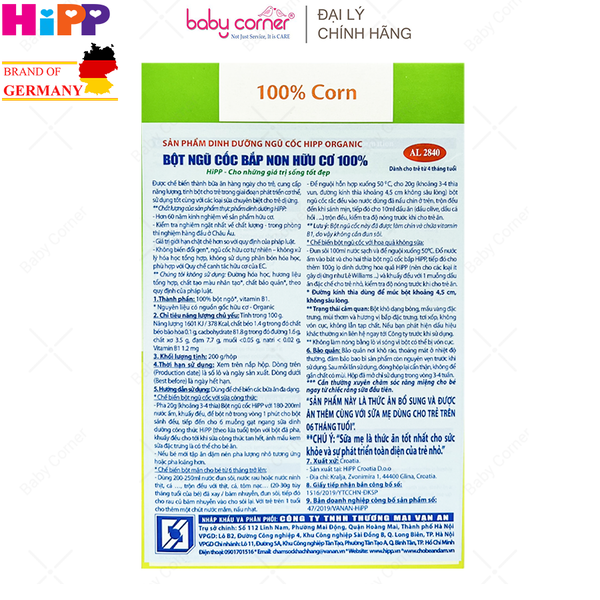  Bột Ăn Dặm HIPP - Ngũ Cốc Bắp Non Hữu Cơ (Cho Bé Từ 4 Tháng Tuổi) - 200g 