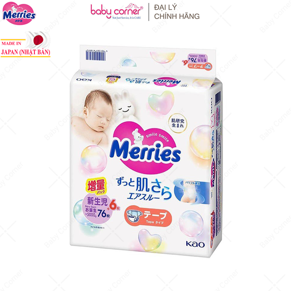  Tã Dán MERRIES NỘI ĐỊA Size Newborn (76 + 6 Miếng), Cho Bé < 5kg 
