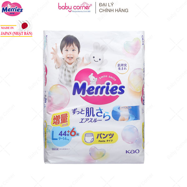  Tã Quần MERRIES NỘI ĐỊA Size L (44 + 6 Miếng), Cho Bé 9-14kg 