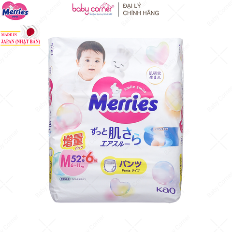  Tã Quần MERRIES NỘI ĐỊA Size M (52 + 6 Miếng), Cho Bé 6-11kg 