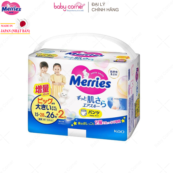  Tã Quần MERRIES NỘI ĐỊA Size XXL (26 + 2 Miếng), Cho Bé 15-28kg 