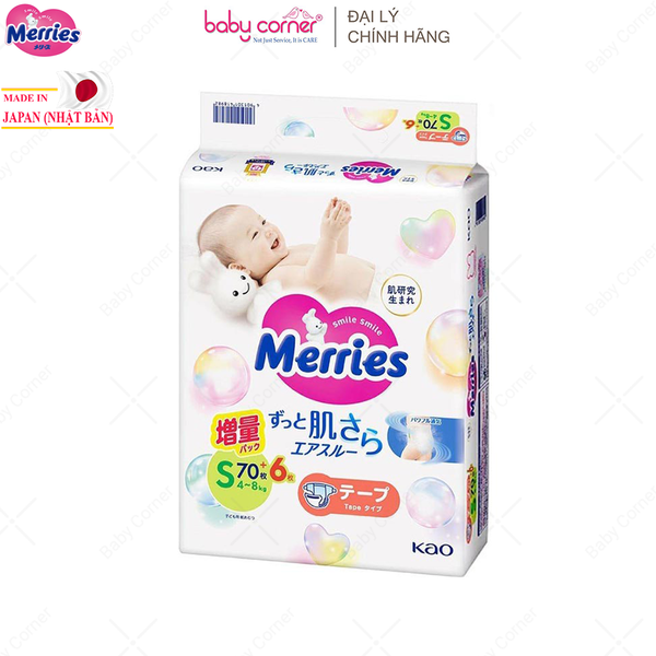  Tã Dán MERRIES NỘI ĐỊA Size S (70 + 6 Miếng), Cho Bé 4-8kg 