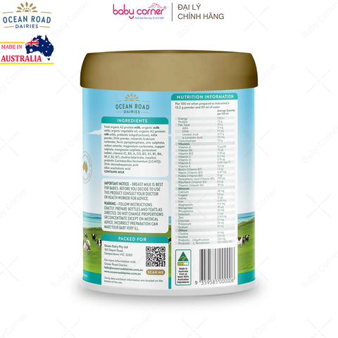  Sữa Bột Ocean Road Dairies Premium Organic A2 Số 1, Cho Bé Từ 0-6 Tháng, 900G 