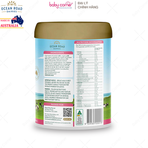  Sữa Bột Ocean Road Dairies Premium Organic A2 Số 2, Cho Bé Từ 6-12 Tháng, 900G 