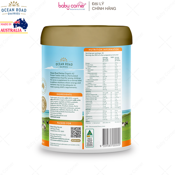  Sữa Bột Ocean Road Dairies Premium Organic A2 Số 3, Cho Bé Từ 1 Tuổi, 900G 