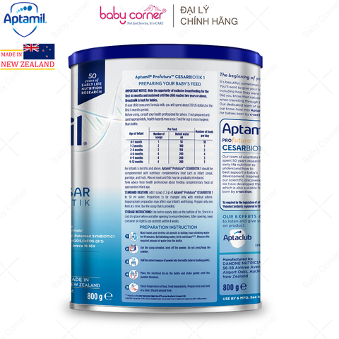  Sữa Bột Aptamil New Zealand Profutura Cesarbiotik Infant Formula Số 1, 800g, bé 0-12 tháng 
