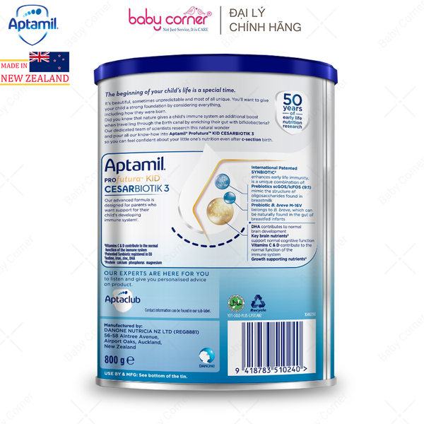  Sữa Bột Aptamil New Zealand Profutura Cesarbiotik Growing Up Milk Formula Số 3, 800g, bé trên 2 tuổi 