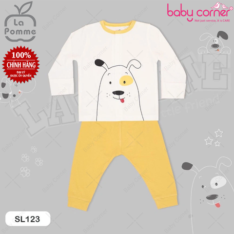  SL123 Bộ Dài Tay La Pomme Cúc Giữa Chú Chó Đốm - Trắng Vàng 