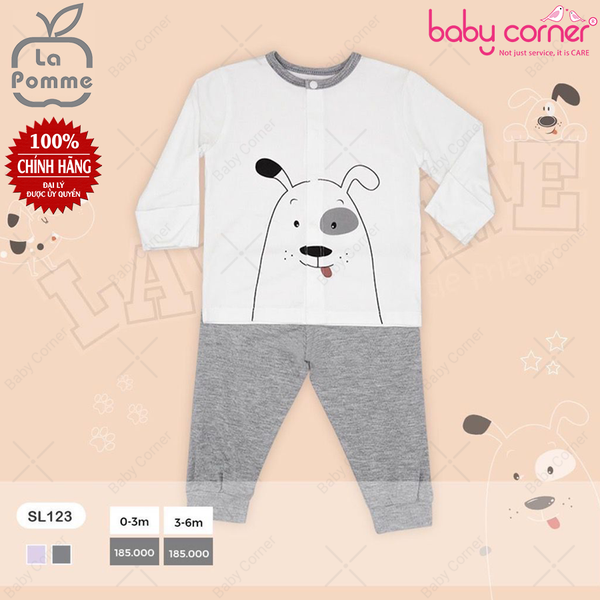  SL123 Bộ Dài Tay La Pomme Cúc Giữa Chú Chó Đốm - Trắng Ghi 