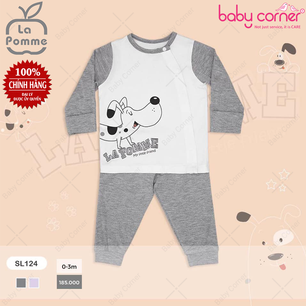  SL124 Bộ Dài Tay La Pomme Cúc Lệch Chú Chó Đốm - Trắng Ghi 