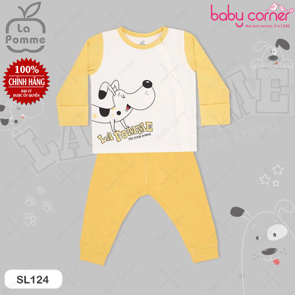  SL124 Bộ Dài Tay La Pomme Cúc Lệch Chú Chó Đốm - Trắng Vàng 