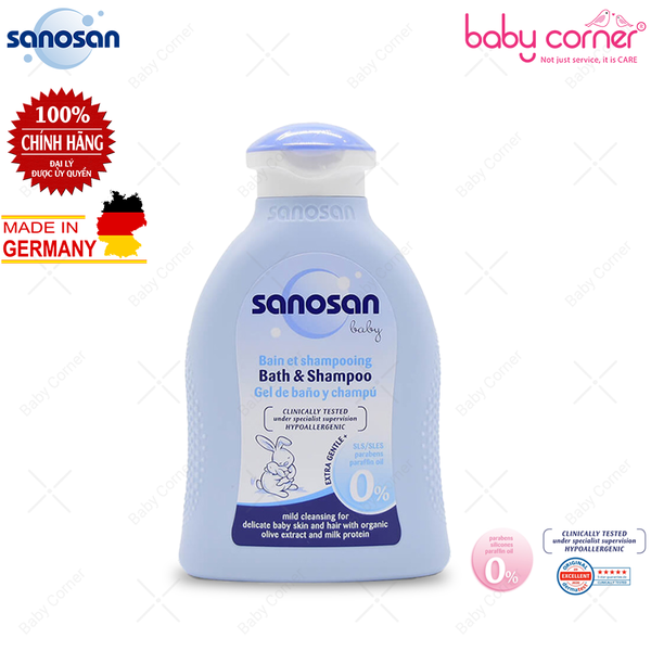  Sữa Tắm Gội Dịu Nhẹ SANOSAN Baby Chiết Xuất Olive Hữu Cơ, 200ml 