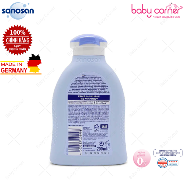  Sữa Tắm Gội Dịu Nhẹ SANOSAN Baby Chiết Xuất Olive Hữu Cơ, 200ml 