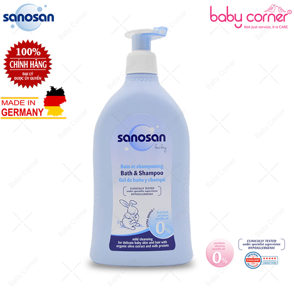  Sữa Tắm Gội Dịu Nhẹ SANOSAN Baby Chiết Xuất Olive Hữu Cơ, 500ml 