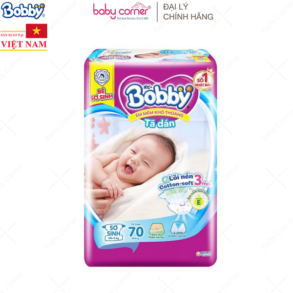  Tã DÁN Bobby Siêu Thấm XS70 - 70 Miếng (NB <5kg) 