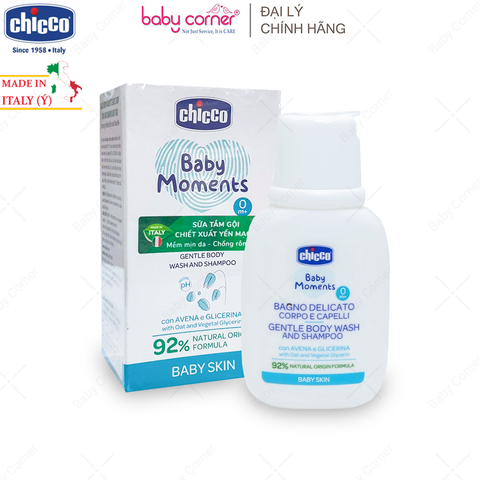  Sữa Tắm Gội CHICCO Baby Moments Chiết Xuất Yến Mạch, từ 0 tháng tuổi, 200ml/ 50ml 