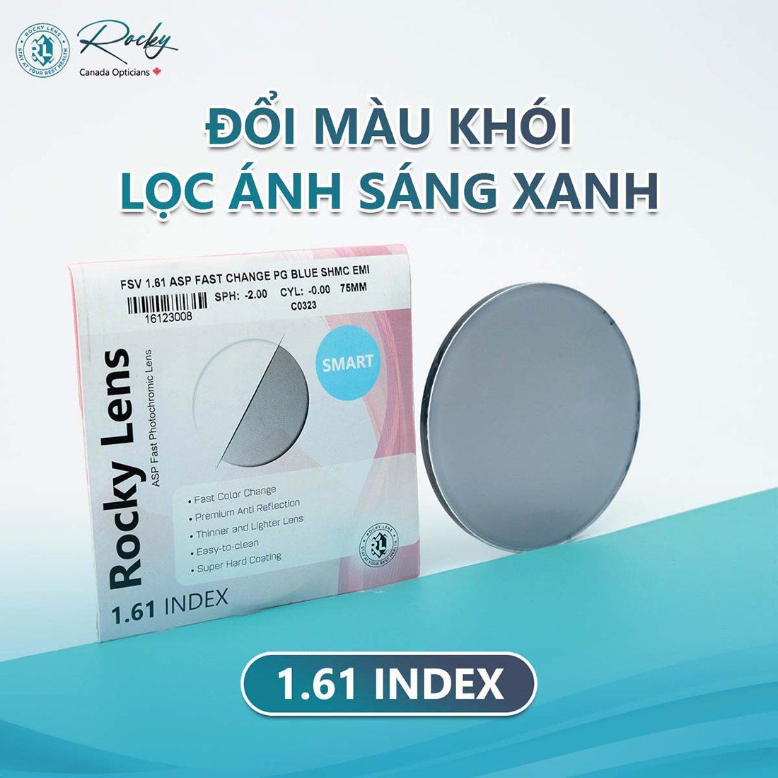  Tròng Kính Rocky 1.61 Asp Mỏng Đổi Màu Siêu Nhanh Và Lọc Ánh Sáng Xanh 