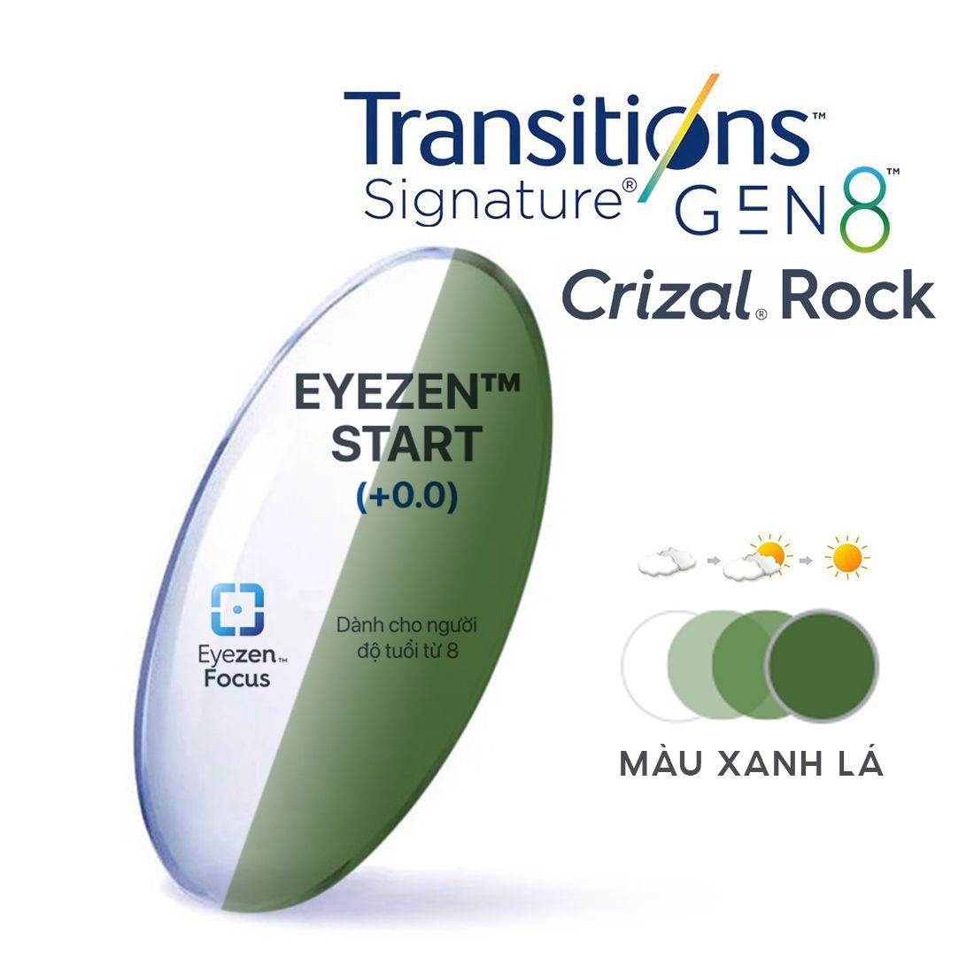  Tròng kính Essilor Eyezen Start đổi màu chiết suất 1.50 váng phủ Crizal Rock 