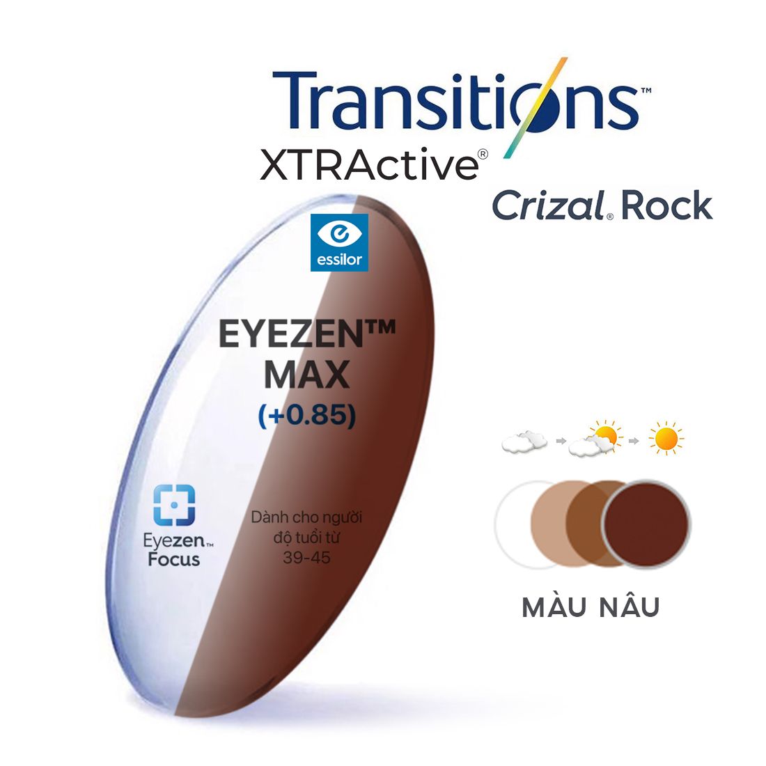  Tròng kính Essilor Eyezen Max Xtractive đổi màu chiết suất 1.50 váng phủ Crizal Rock 