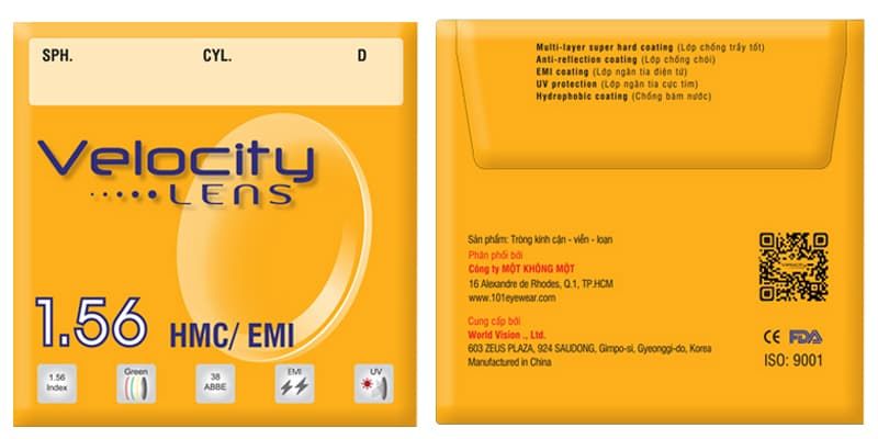  Tròng kính chính hãng Velocity Lens 1.56 HMC UV EMI 