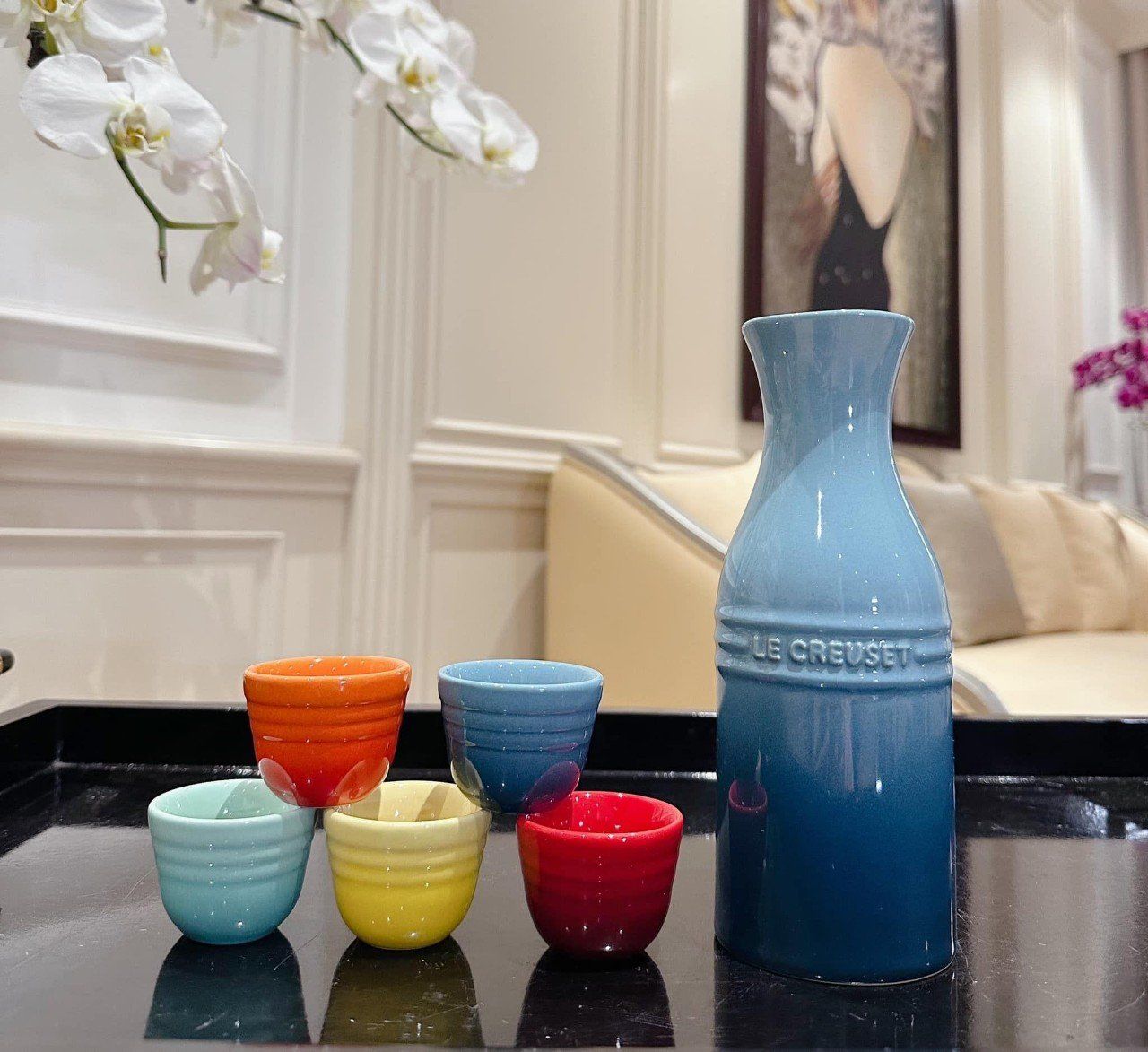 set binh kem coc uong sake ruou manh le creuset