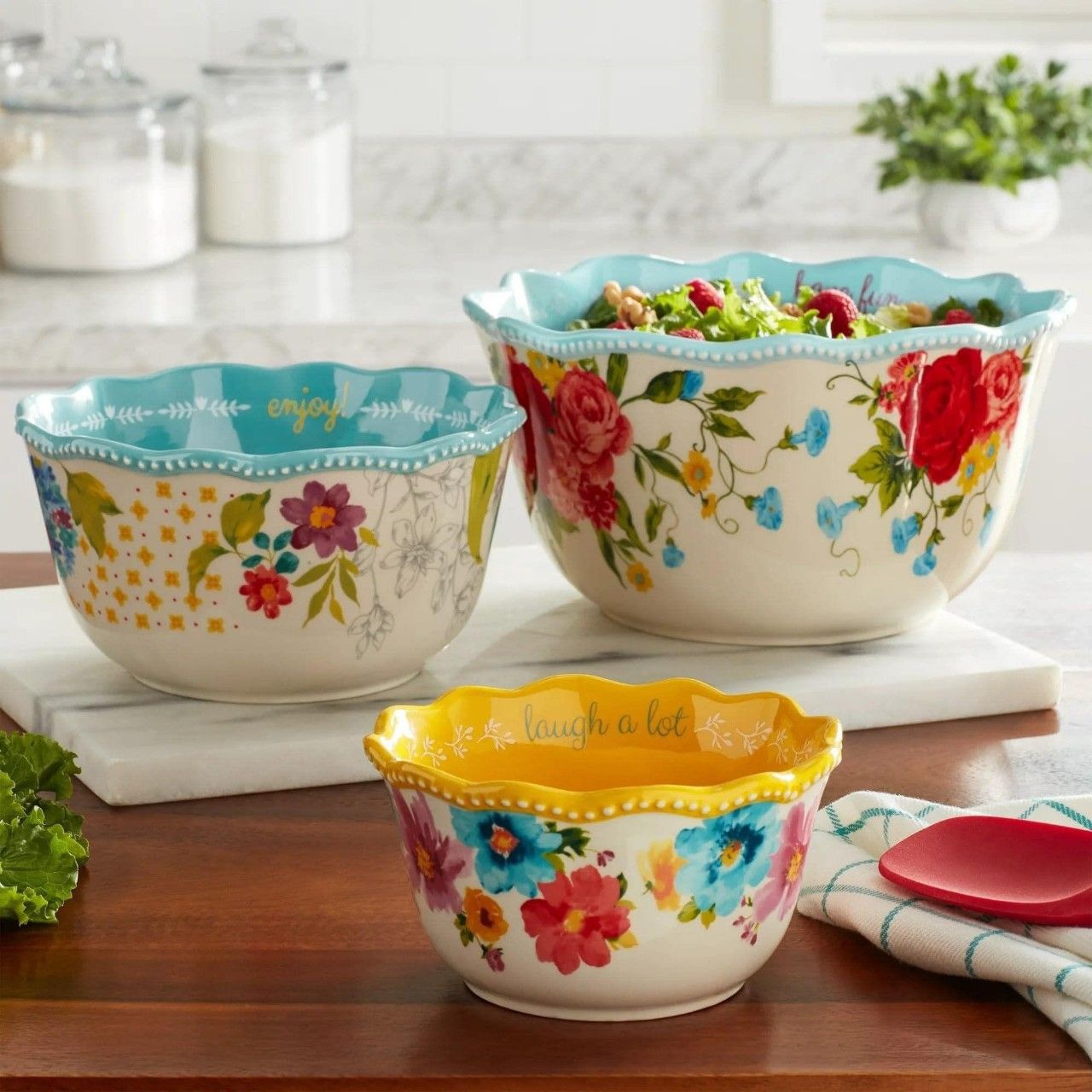 set 3 au su the pioneer woman sweet rose sentiment serving bowls