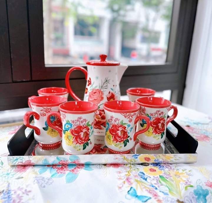 set binh nuoc kem coc the pioneer woman merry meadow