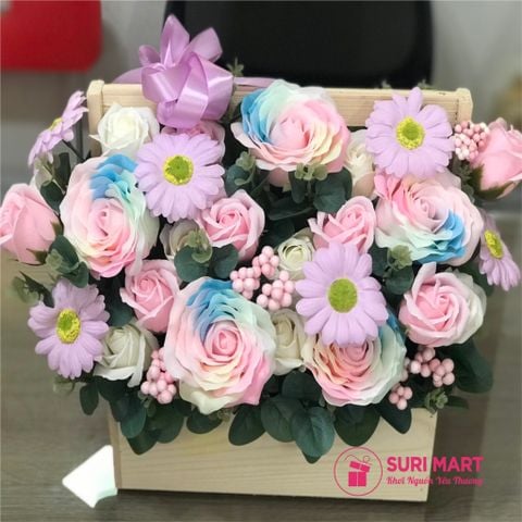  Hoa hổng sáp đại khay gỗ chữ nhật  - Suri Mart 
