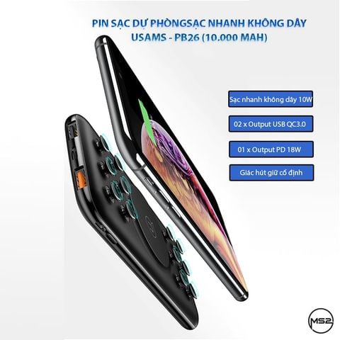 Pin sạc dự phòng sạc NHANH không dây USAMS - PB26 (10.000 mAh)