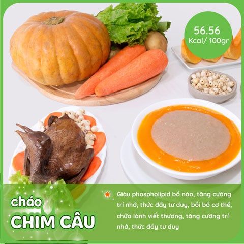 Cháo Chim Bồ Câu Giàu protein, axit amin.Hàm lượng canxi cao gấp 2-3 lần thịt các loại thịt khác.