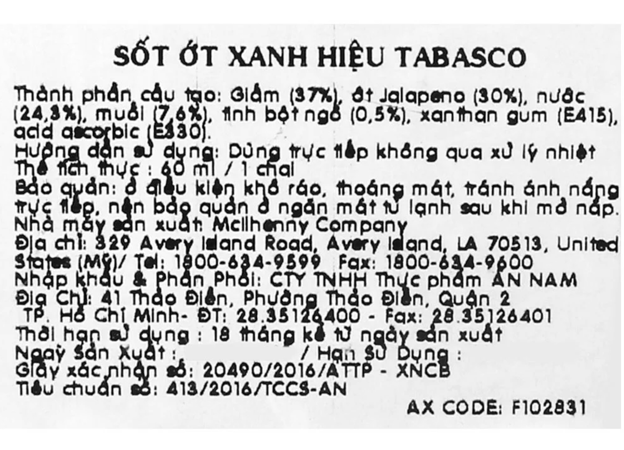  Sốt ớt xanh hiệu Tabasco - Chai 60ml 