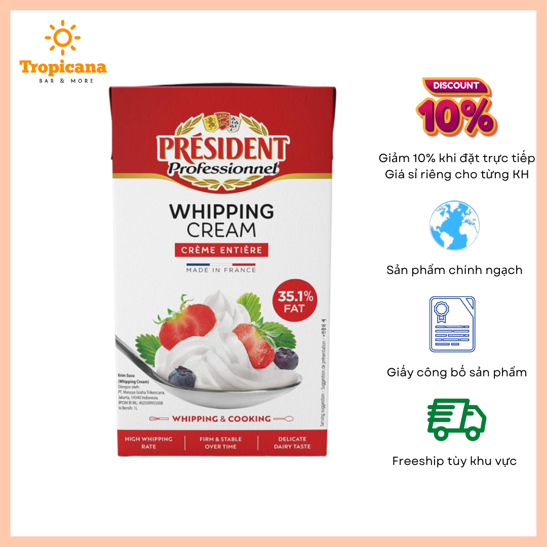  Kem Sữa Tươi Whipping Cream President  - Hộp 1L 